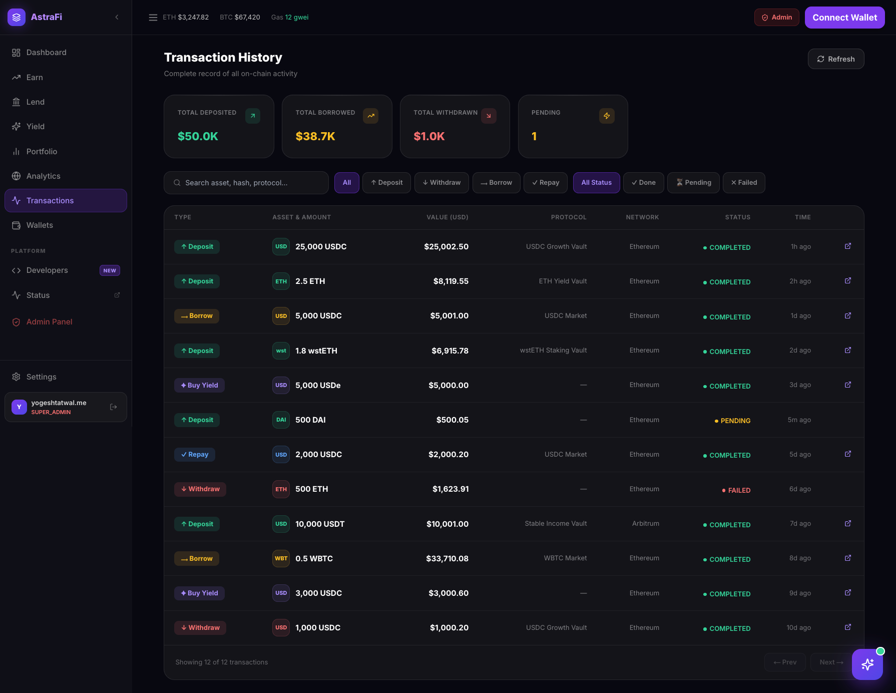 AstraFi Transaction History — live screenshot