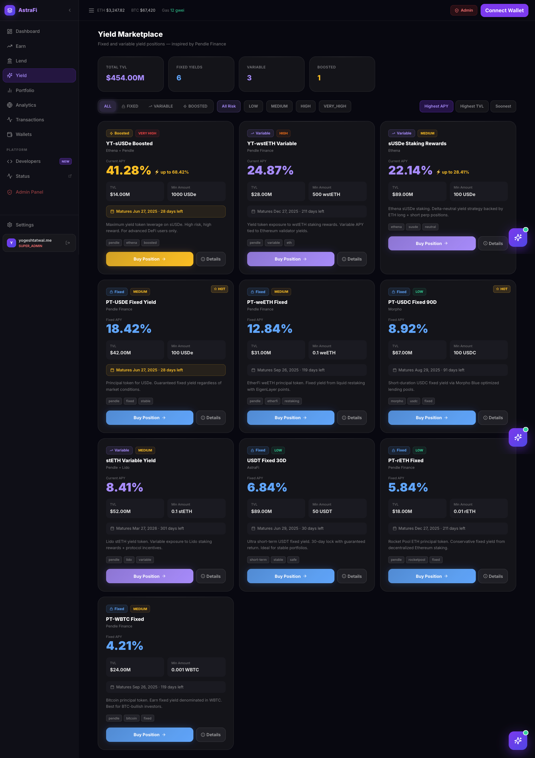 AstraFi Yield Marketplace — live screenshot
